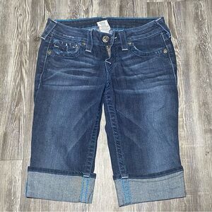 True Religion Cuffed Knee Length Denim Shorts Dark Blue Women's Size 26 Y2K EUC